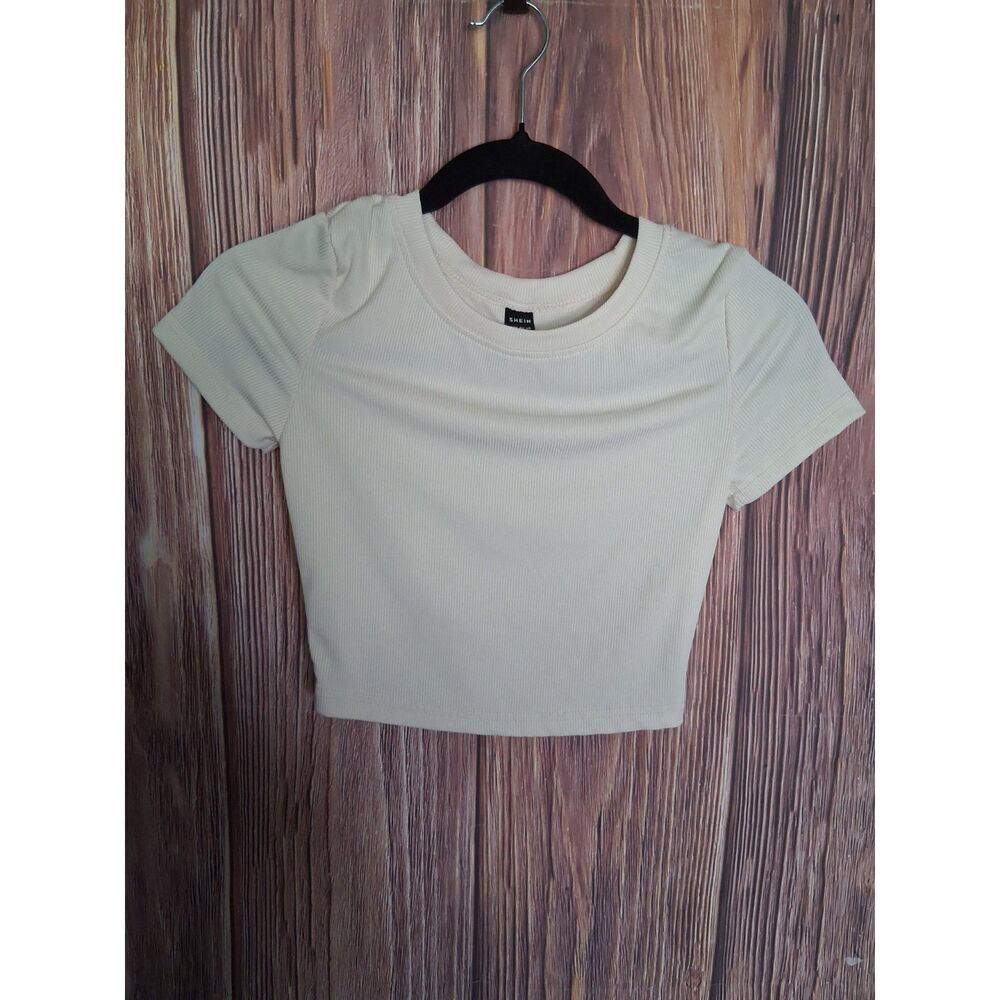 Shein cream ribbed short sleeve crop top basic tee size small y2k streetwear